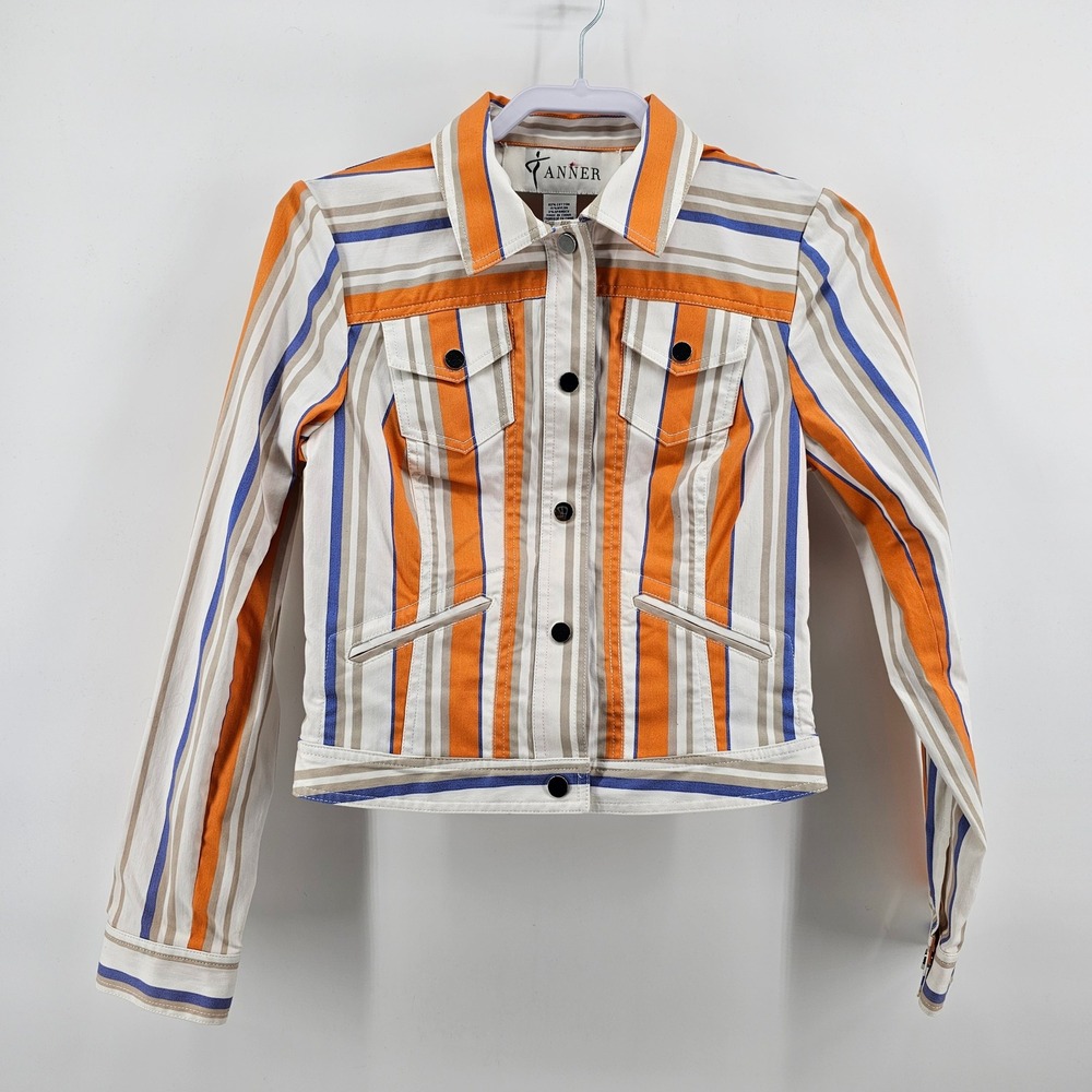 Tanner Striped Jacket Womens 2 Orange Blue White Snap Front Collared Lightweight